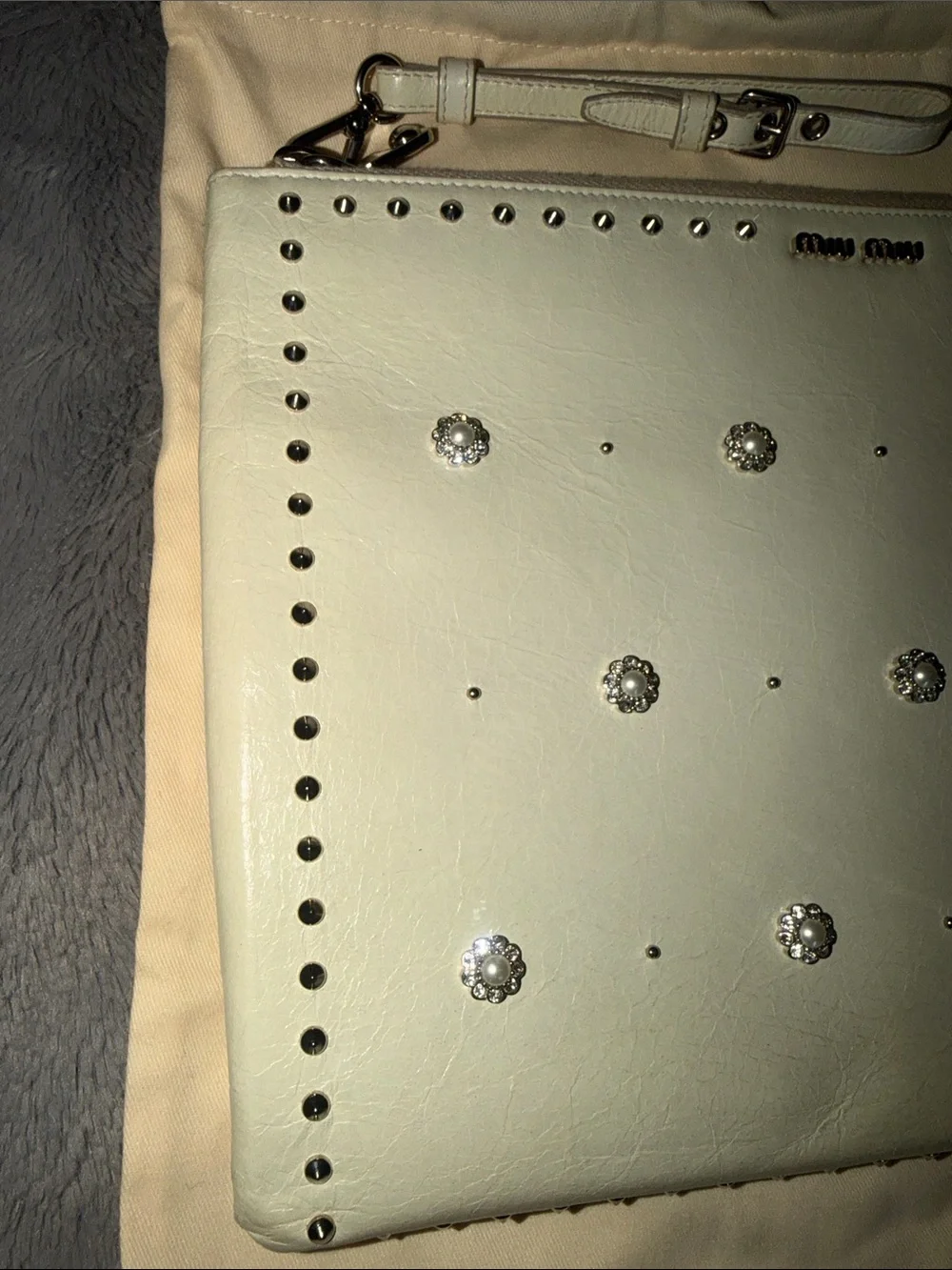 Preloved Miu Miu White Leather Studded Wristlet Clutch great condition